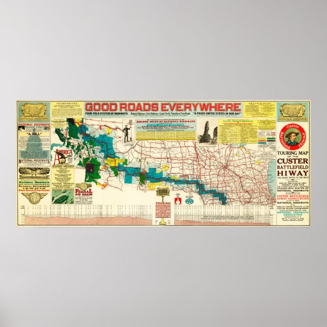Poster Carte touristique de la route Custer Battlefield H (Devant)