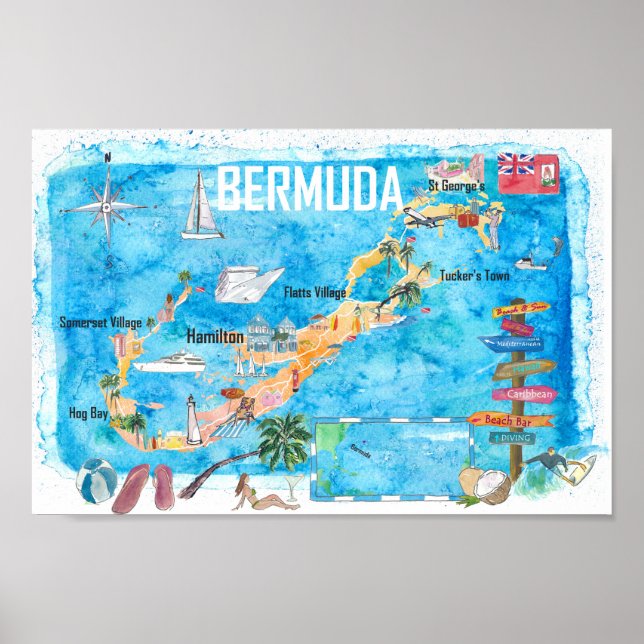 Poster Carte touristique préférée de l'île des Bermudes (Devant)