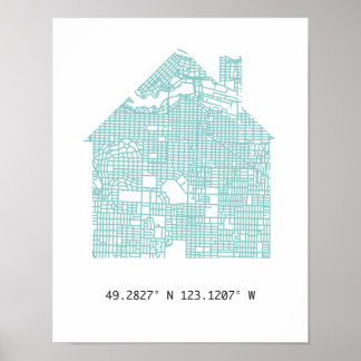 Poster Carte turquoise du réseau routier de Vancouver Coo