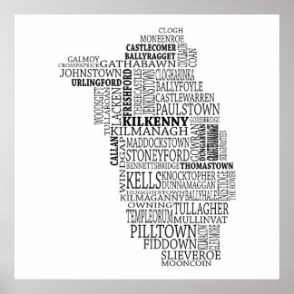 Poster Carte typographique noire de Co. Kilkenny, Irlande