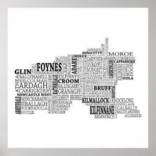 Poster Carte typographique noire de Co. Limerick, Irlande