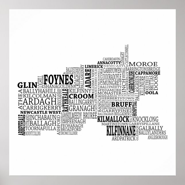 Poster Carte typographique noire de Co. Limerick, Irlande (Devant)