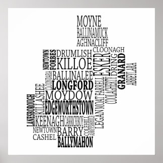 Poster Carte typographique noire de Co. Longford, Irlande