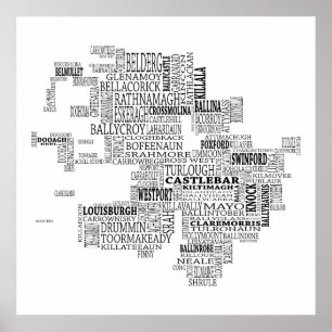 Poster Carte typographique noire de Co. Mayo, Irlande