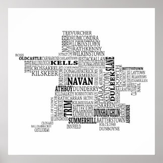 Poster Carte typographique noire de Co. Meath, Irlande