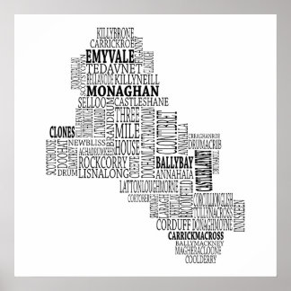 Poster Carte typographique noire de Co. Monaghan, Irlande