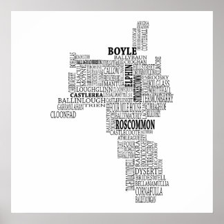 Poster Carte typographique noire de Co. Roscommon, Irland