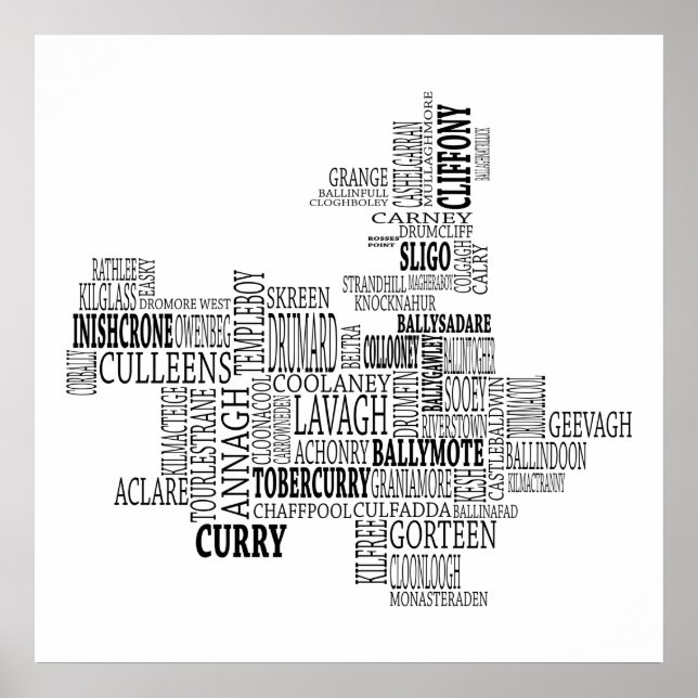 Poster Carte typographique noire de Co. Sligo, Irlande (Devant)