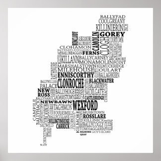Poster Carte typographique noire de Co. Wexford, Irlande