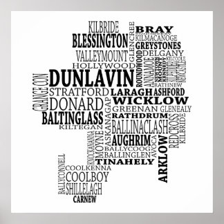 Poster Carte typographique noire de Co. Wicklow, Irlande