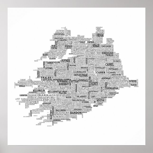 Poster Carte typographique noire de Munster, Irlande (Devant)