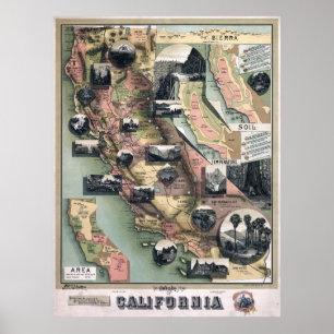 Poster Carte unique de Californie (1888)
