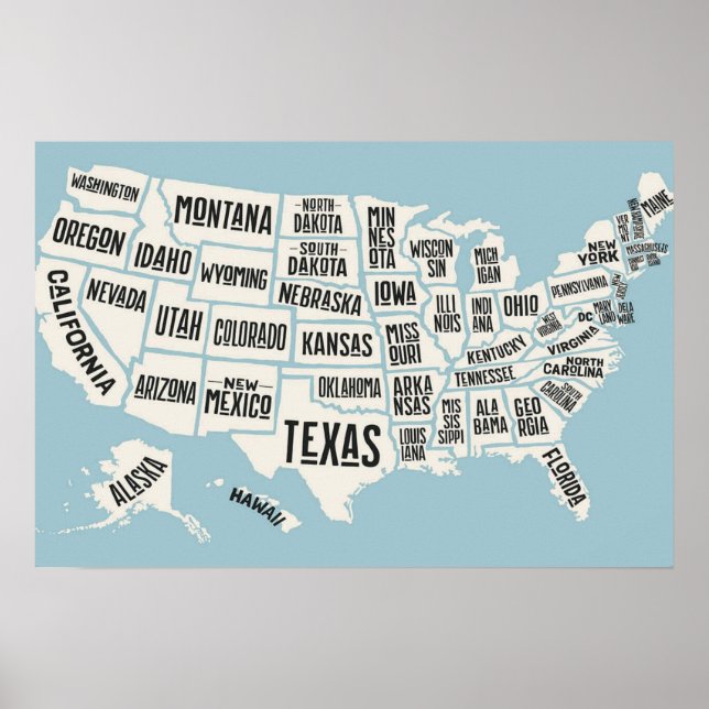 Poster Carte US Avec Noms D'États États États-Unis (Devant)