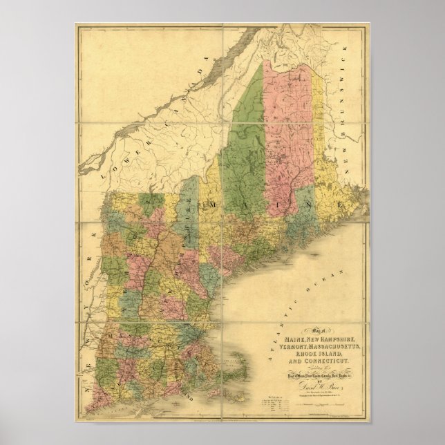 Poster Carte vintage 1839 Nouvelle-Angleterre (Devant)