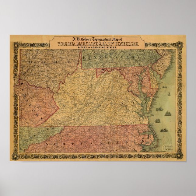 Poster Carte vintage 1861 de Virginie, Maryland & Delawar (Devant)