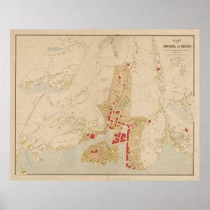 Poster Carte Vintage Arendal Norway Map (1884)