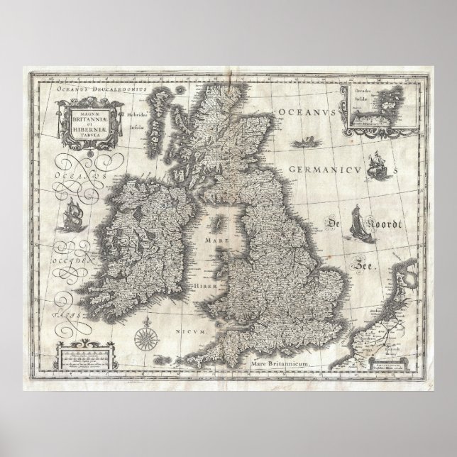 Poster Carte vintage d'Angleterre et d'Irlande (1631) (Devant)