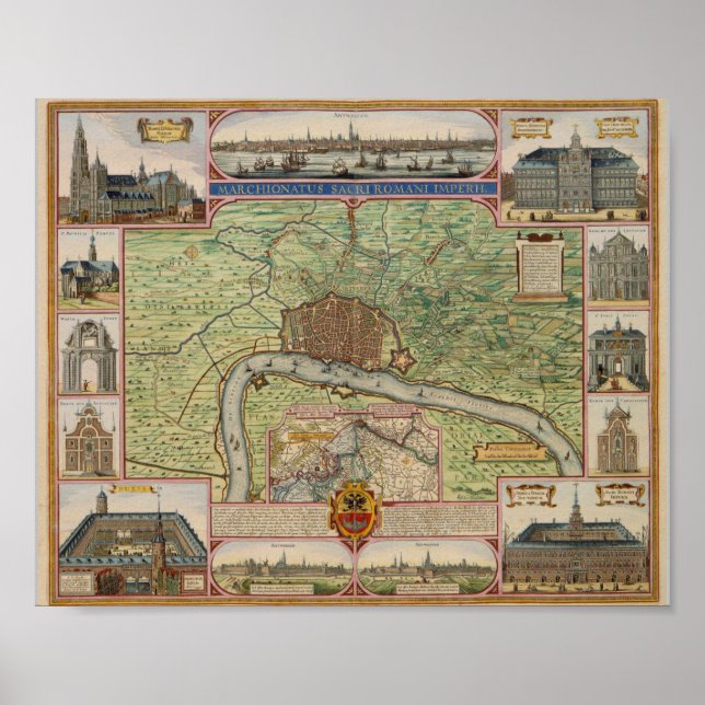 Poster Carte vintage d'Anvers, Belgique (Devant)