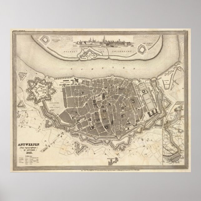 Poster Carte vintage d'Anvers Belgique (1845) (Devant)