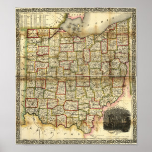 Poster Carte vintage de 1851 dans l'Ohio