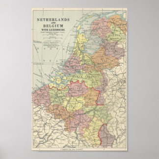 Poster Carte vintage de Belgique, Luxembourg et Pays-Bas
