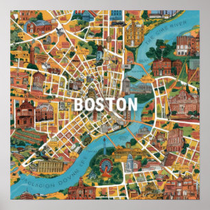 Poster Carte vintage de Boston Massachusetts, carte de Bo