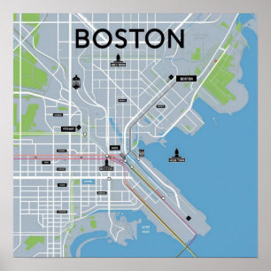Poster Carte vintage de Boston Massachusetts, carte de Bo