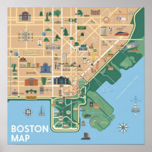 Poster Carte vintage de Boston Massachusetts, carte de Bo