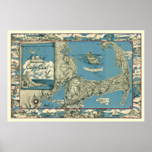 Poster Carte vintage de Cape Cod, Massachusetts
