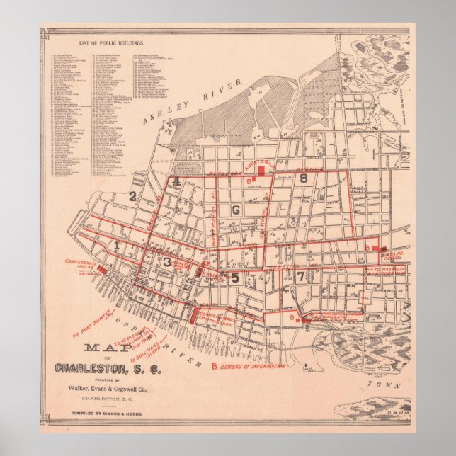 Poster Carte vintage de Charleston Caroline du Sud (1890) (Devant)