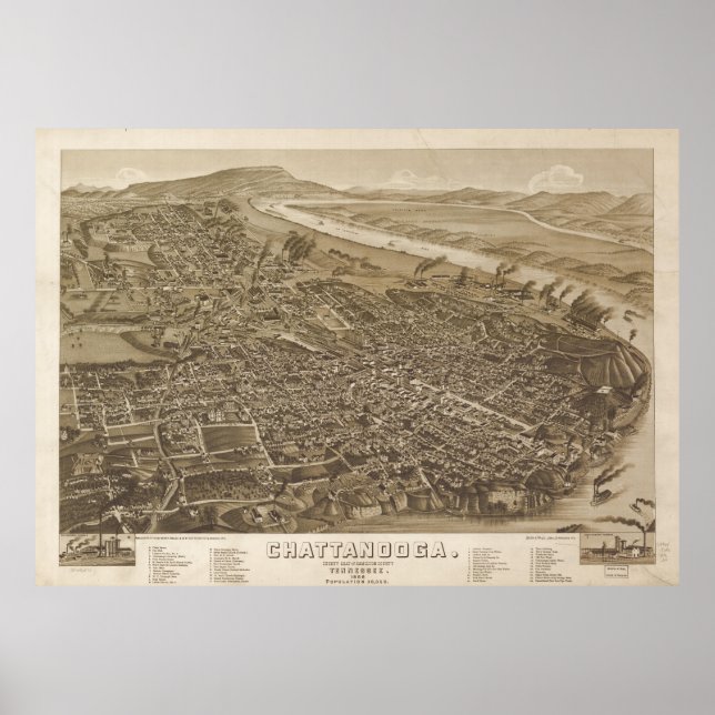 Poster Carte vintage de Chattanooga (1886) (Devant)