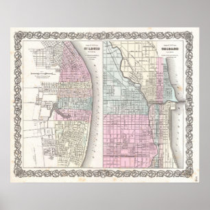 Poster Carte vintage de Chicago et St. Louis (1855)