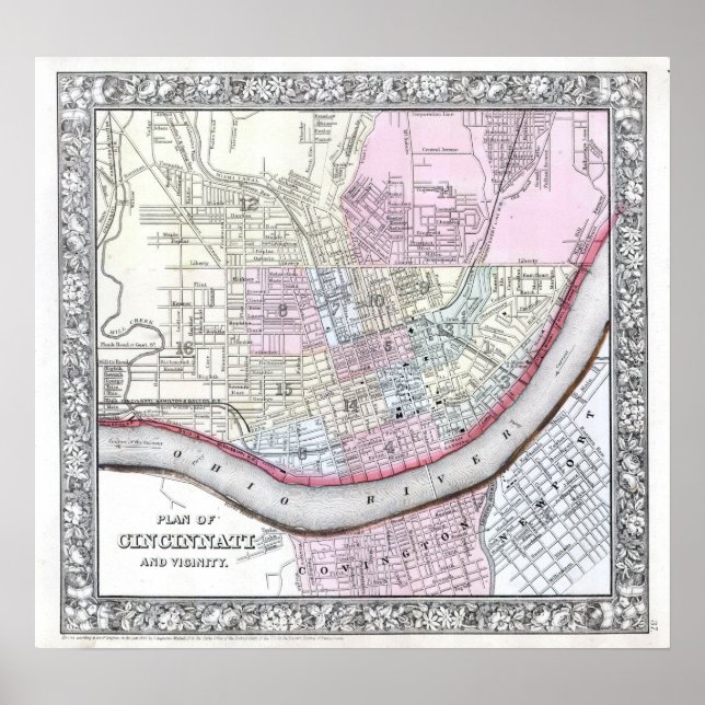 Poster Carte vintage de Cincinnati, 1864 (Devant)