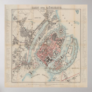 Poster Carte vintage de Copenhague Danemark (1860)