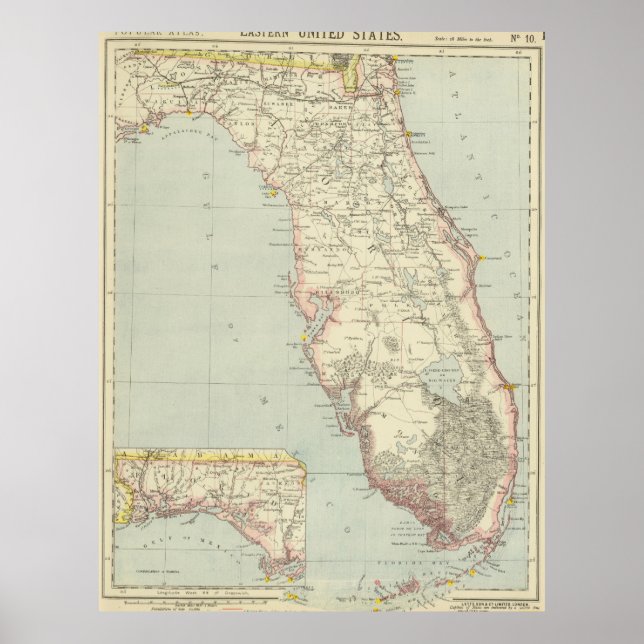 Poster Carte vintage de Floride (1883) 2 (Devant)