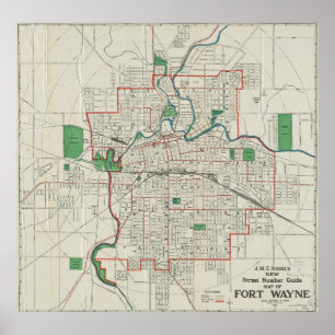 Poster Carte vintage de Fort Wayne Indiana (1919)