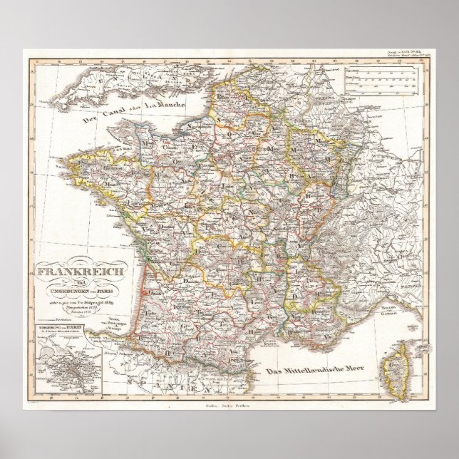Poster Carte vintage de France (1850) (Devant)
