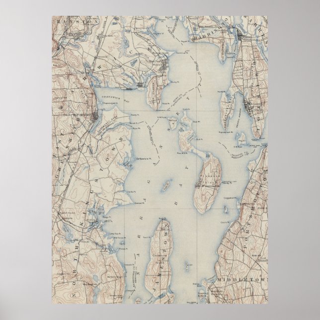 Poster Carte vintage de la baie de Narragansett (1888) (Devant)