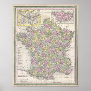 Poster Carte vintage de la France, 1853