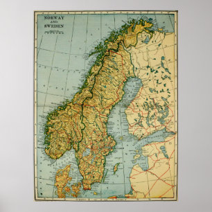 Poster Carte vintage de la Norvège et de la Suède (1921)