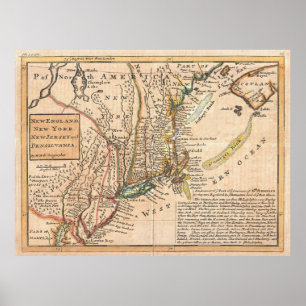 Poster Carte vintage de la Nouvelle Angleterre (1729)