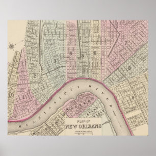 Poster Carte vintage de la Nouvelle-Orléans (1880)