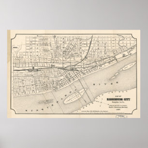 Poster Carte vintage de la PA d'Harrisburg (1877)
