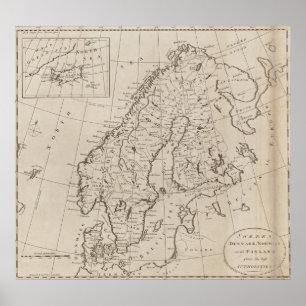 Poster Carte vintage de la Scandinavie (1800)