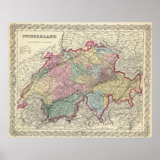 Poster Carte vintage de la Suisse (1856) (Devant)
