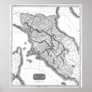 Poster Carte vintage de la Toscane Italie (1814) BW