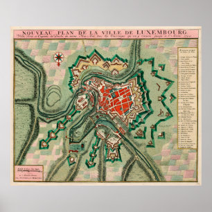Poster Carte vintage de la ville de Luxembourg (1744)