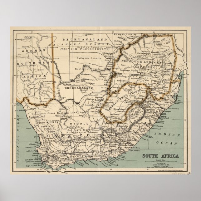 Poster Carte vintage de l'Afrique du Sud (1889) (Devant)