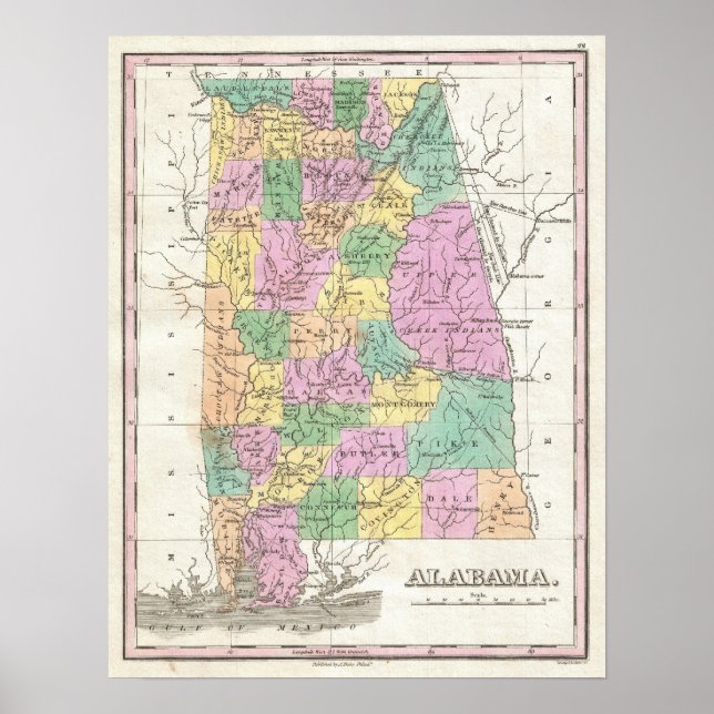 Poster Carte vintage de l'Alabama (1827) (Devant)