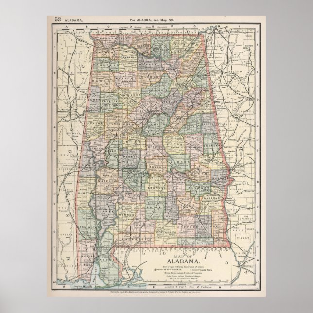 Poster Carte vintage de l'Alabama (1891) (Devant)